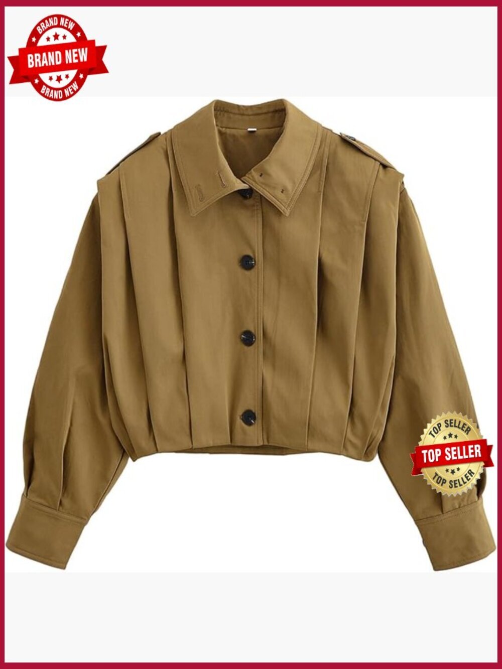 Cropped Pleated Trench Coat Long Sleeve Button Down Jacket